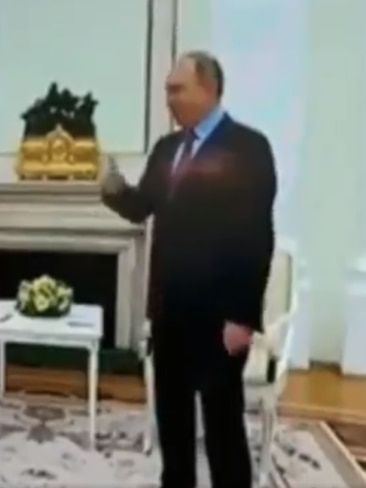 His right arm appears to shake uncontrollably and briefly stumbles as he met with his Belarusian counterpart in the Kremlin. Picture: Twitter/@kenolin1