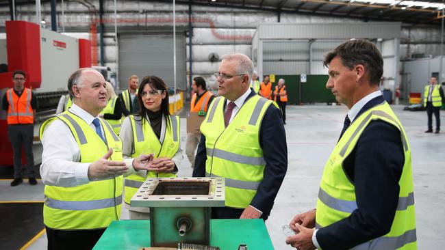 Energy Minister Angus Taylor, right, and Prime Minister Scott Morrison tour hydrogen business Star Scientific Limited at Berkeley Vale on the NSW Central Coast. Picture: NCA NewsWire / Peter Lorimer.