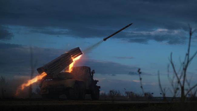 A BM-21 Grad multiple rocket launcher fires towards Russian positions on the frontline near Bakhmut. Picture: AFP