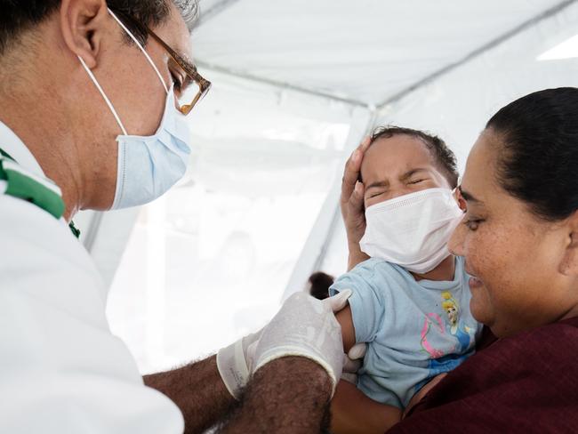 A baby is vaccinated against measles. Picture: AFP