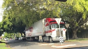 A semi approaching the Gympie St roundabout on Northgate Rd, Northgate, and hitting a tree.