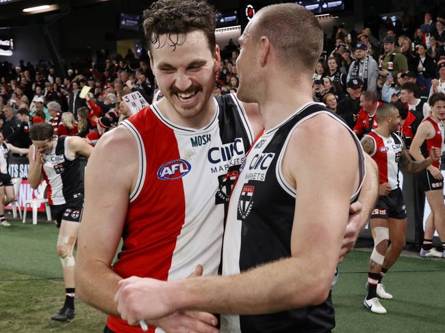 MELBOURNE, AUSTRALIA - AUGUST 19: Zaine Cordy and Callum Wilkie of the Saints embrace after the round 23 AFL match between St Kilda Saints and Geelong Cats at Marvel Stadium, on August 19, 2023, in Melbourne, Australia. (Photo by Darrian Traynor/Getty Images)