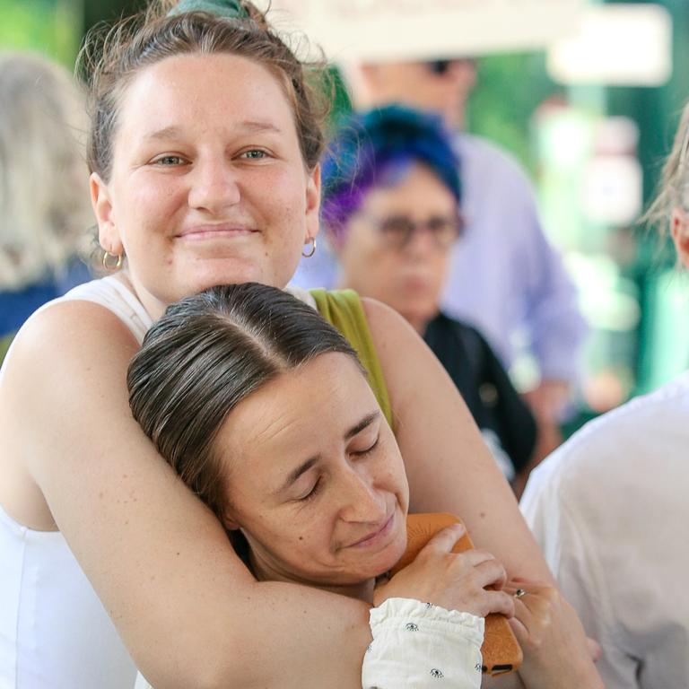 Emotions run high outside Brisbane Magistrates Court. Picture: Glenn Campbell