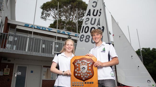 Representatives from the Tasmanian International Cadet Sailing team Olive Hooper aged 14 and Sam Hooper aged 16 from Sandy Bay Sailing club. Picture: Linda Higginson