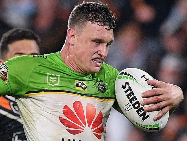 Jack Wighton of the Raiders is tackled by David Nofoaluma of the Tigers during the Round 13 NRL match between the Wests Tigers and the Canberra Raiders at Bankwest Stadium in Sydney, Friday, June 7, 2019. (AAP Image/Dan Himbrechts) NO ARCHIVING, EDITORIAL USE ONLY