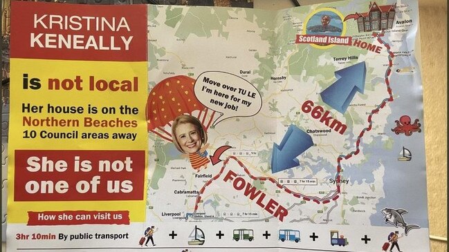 Posters and pamphlets accusing Kristina Keneally of not being from the electorate of Fowler have been circulating around the area. Supplied