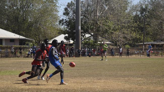 Players in action during the Tiwi Island Football League grand final between Tuyu Buffaloes and Pumarali Thunder. Picture: Max Hatzoglou