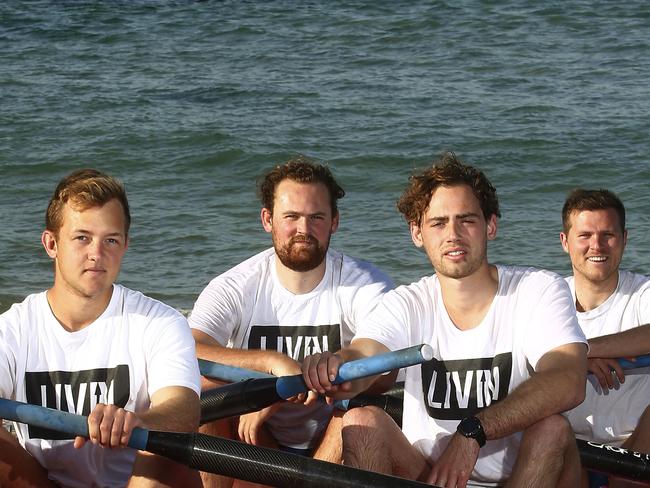 WENTWORTH COURIER ONLY. L to R: James Samuels ,  Sam Horsley,   Rob Wells and  Louis Hugh-Jones in a surf boat at  North Bondi. They are   in training for the Talisker Whiskey Ocean challenge , rowing from the Canary Islands to Antigua and Baruda , raising money for LIVIN mental health education program along the way. Picture: John Appleyard