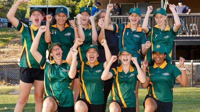 St John’s Tecoma’s stage 2 girls team celebrate their flag win this season. Picture: Field of View Sports Photography