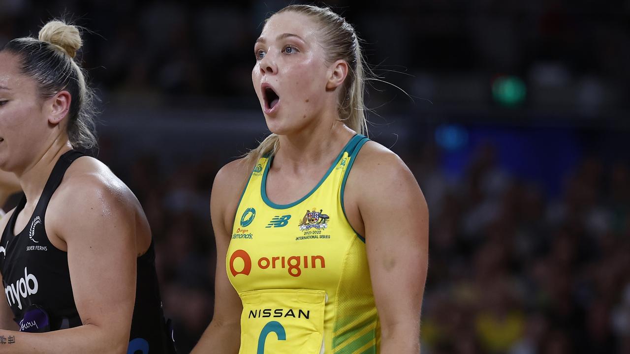 MELBOURNE, AUSTRALIA - OCTOBER 19: Kate Moloney of the Australian Diamonds reacts during the Constellation Cup match between the Australia Diamonds and the New Zealand Silver Ferns at John Cain Arena on October 19, 2022 in Melbourne, Australia. (Photo by Darrian Traynor/Getty Images)