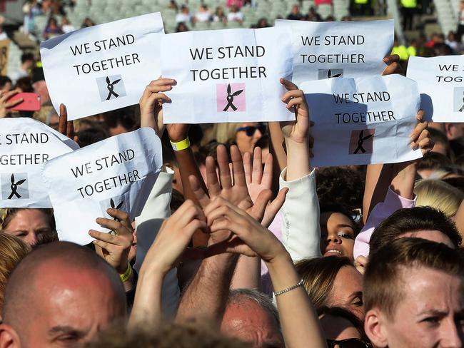 Music fans gather at the One Love Manchester benefit concert for the families of the victims of the May 22, Manchester terror attack, at Emirates Old Trafford in Greater Manchester on June 4, 2017. Picture: Dave Hogan for One Love Manchester