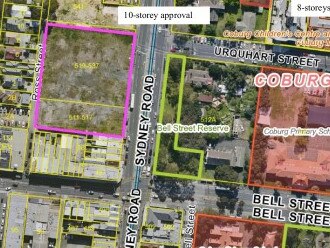 Aerial view of the location of the development in pink outline. Picture: Supplied.