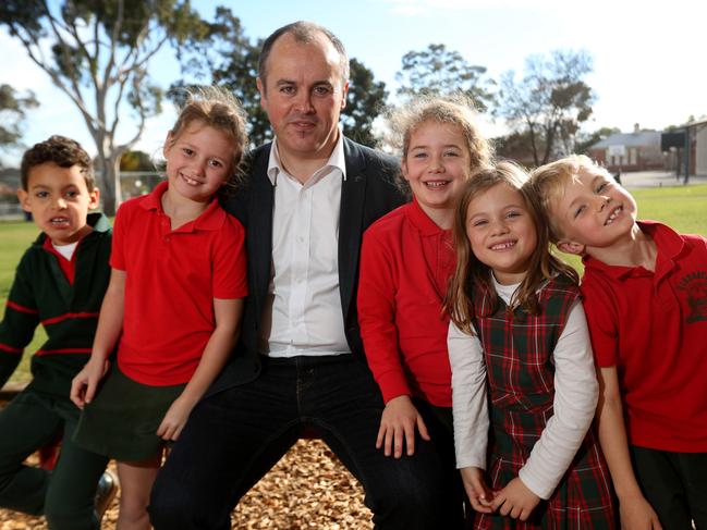 28/06/2017 French Bilingual and Binational Program director Loic Calvez with Children Dakar, 6, Emma, 7, Lucy, 6, Sophie, 7 and Harry, 6.  Bilingual teachers in schools, particularly in SA where there is a new bilingual program starting in French for the first time. Kelly Barnes/The Australian.