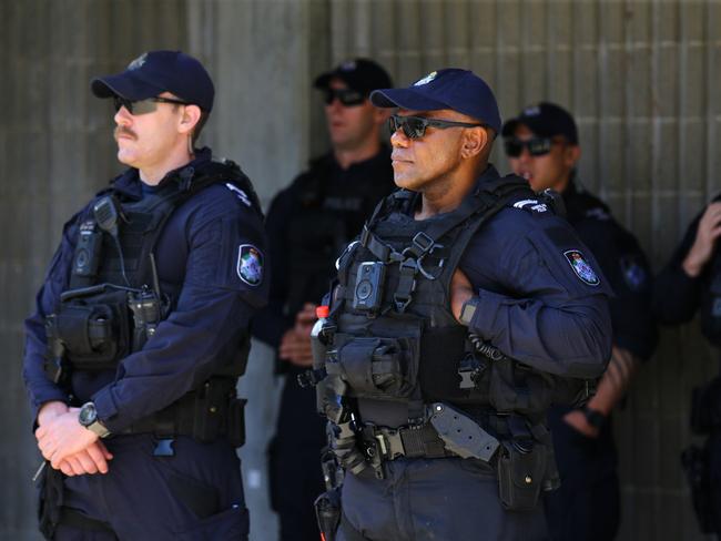 Police at the memorial service with full police honours for constables Rachel McCrow and Matthew Arnold at Brisbane Entertainment Centre. Picture: David Clark