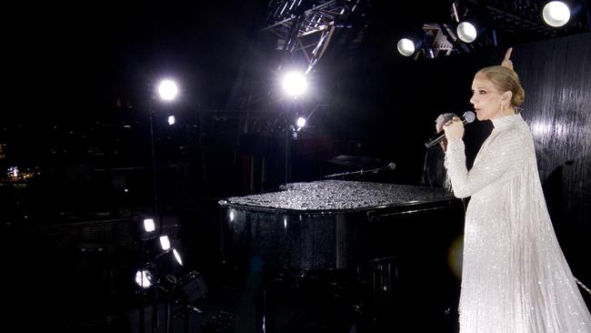 Celine Dion performing on the Eiffel Tower during the opening ceremony of the Paris 2024 Olympic Games Paris. Picture: Getty Images