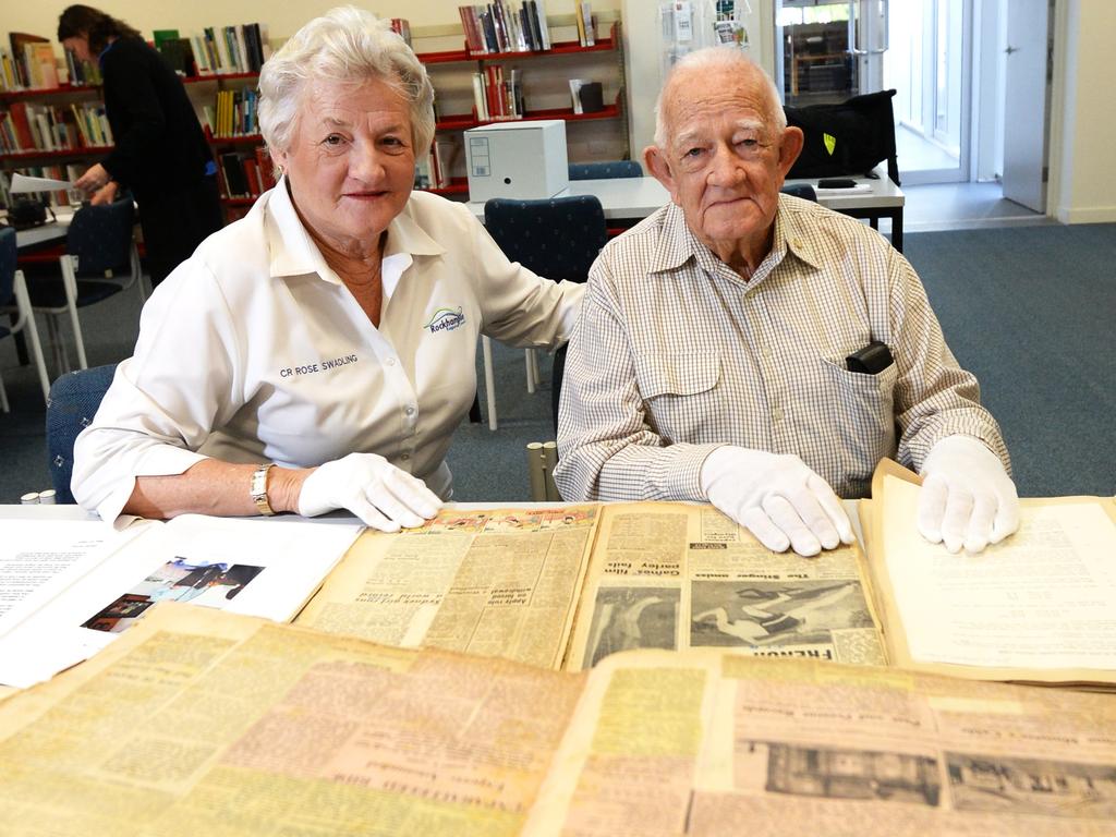 Col Hamilton with then Rockhampton Regional Councillor Rose Swadling when he donated his extensive sporting collection to the Rockhampton Library History Centre in 2016.