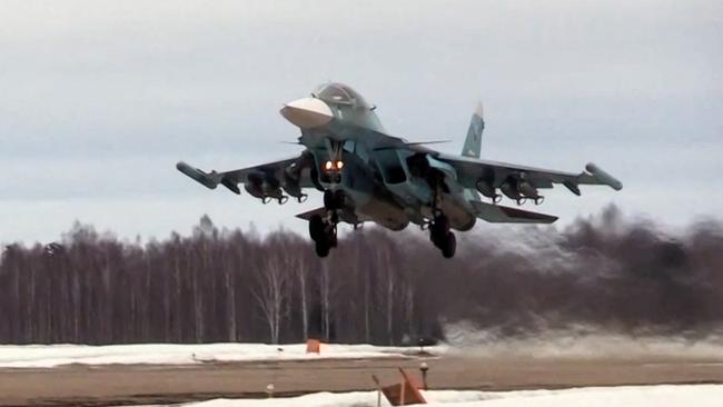 A Russian Sukhoi Su-34 fighter-bomber takes off for a missile strike on Ukraine in March. Picture: Russian Defence Ministry via AFP