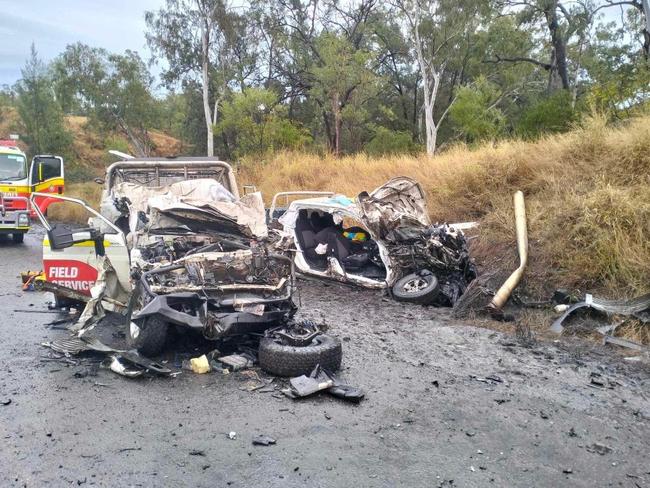 Photos show the shocking aftermath of a serious crash involving two utes and a tanker on Saraji Rd near Phillips Creek bridge on July 4. Picture: Supplied