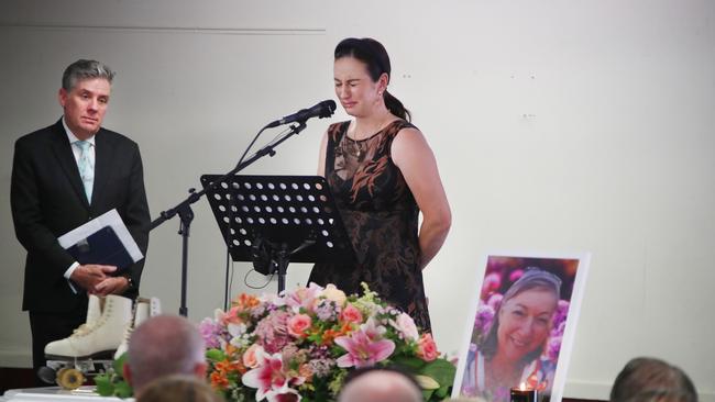 Funeral for Susan Zimmer and Steffanie Zimmer at Mudgeeraba Showgrounds on the Gold Coast. Family and friends at the ceremony. Claudine Snow speaks. Picture Glenn Hampson