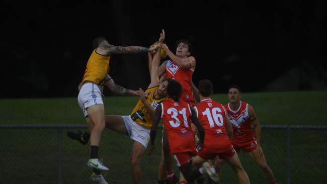 St Mary’s and Waratah battle for possession in the NTFL 2022-23 season opener. Picture: (A)manda Parkinson