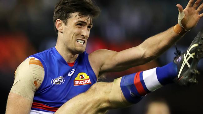 Western Bulldogs ruckman Tom Campbell kicks at goal. Picture: Michael Klein