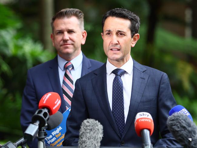 BRISBANE, AUSTRALIA - NewsWire Photos OCTOBER 27, 2024: LNP leader David Crisafulli and his deputy Jarrod Bleijie at a press conference in Brisbane. Picture: NewsWire/Tertius Pickard