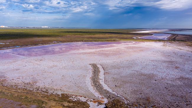 Drone footage of dead and dying mangroves and saltmarsh at St Kilda, where super salty water can be seen in evaporation ponds and some brine is crystallising to white salt. Picture: Alex Mausolf