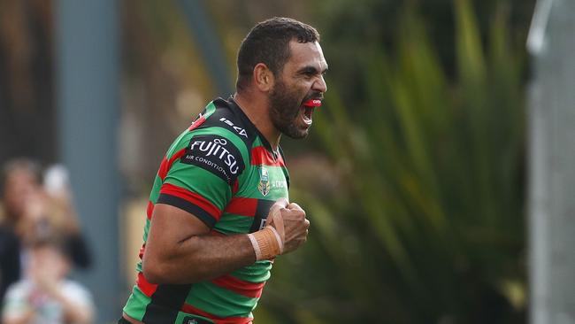 Greg Inglis of the Rabbitohs reacts after scoring a try during the Round 7 NRL match between the South Sydney Rabbitohs and the Canberra Raiders at the Central Coast Stadium in Gosford, Saturday, April 21, 2018. (AAP Image/Daniel Munoz) NO ARCHIVING, EDITORIAL USE ONLY