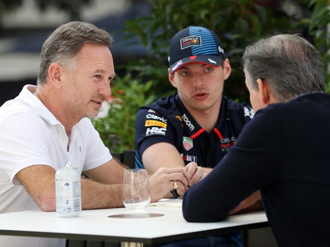 MELBOURNE, MARCH 21, 2024: Australian Formula One Grand Prix at Albert Park. Red Bull Racings Christian Horner and Max Verstappen in the paddock. Picture: Mark Stewart