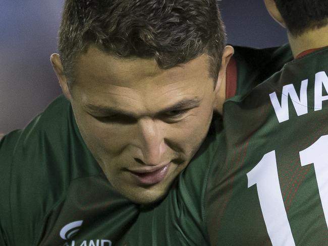 Sam Burgess of the Rabbitohs warms up before the start of the Round 20 NRL match between the Cronulla Sharks and the South Sydney Rabbitohs at Pointsbet Stadium in Sydney, Saturday, August 3, 2019. (AAP Image/Craig Golding) NO ARCHIVING, EDITORIAL USE ONLY