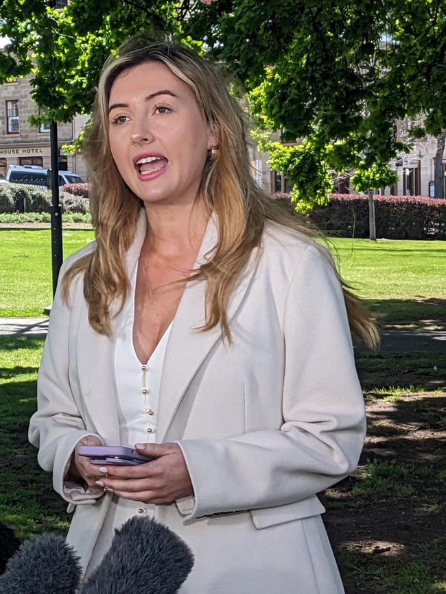 Amanda Duncan speaks to the media on Parliament Lawns in Hobart on Wednesday, September 27, 2023.