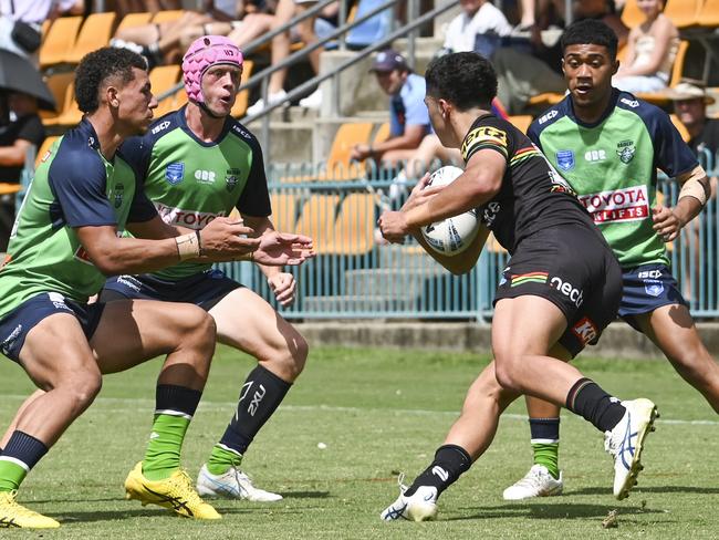 Leo-Stipe Latu charges towards the Canberra defence during last season’s Harold Matthews Cup. Picture: Martin Ollman