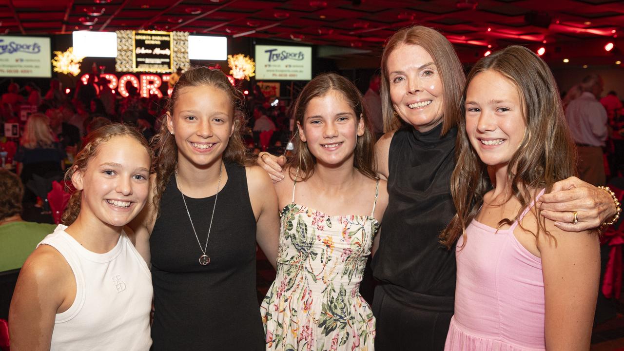 At Sports Darling Downs presentation dinner are Toowoomba Anglican School U12 touch team members (from left) Rose Farquhar, Zoe Klein, Jessica Strachan, coach Emma Harrison and Phoebe Wicks at Rumours International, Saturday, February 1, 2025. Picture: Kevin Farmer