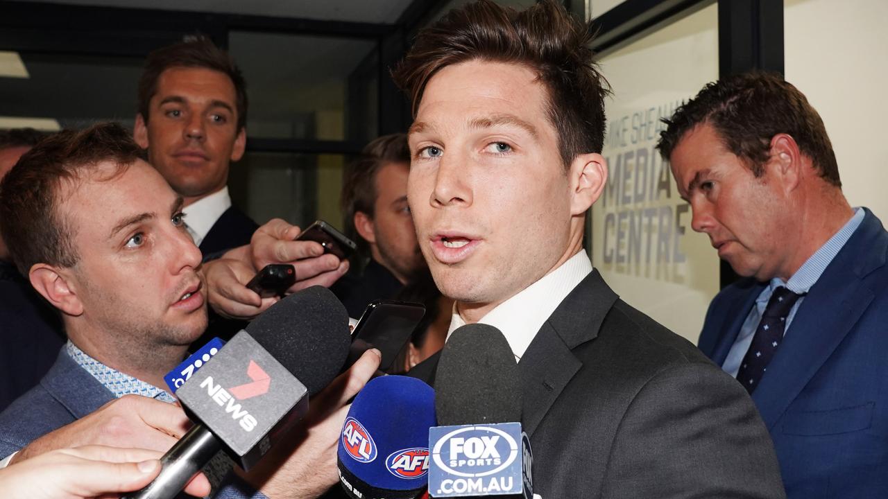 Toby Greene speaks to media at the AFL tribunal after last Thursday night’s hearing.