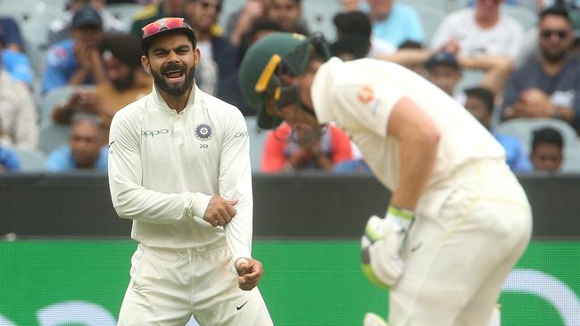 Virat Kohli of India watches Tim Paine during the Boxing Day Test match between Australia and India at the MCG in 2018. Picture: AAP Image/Hamish Blair