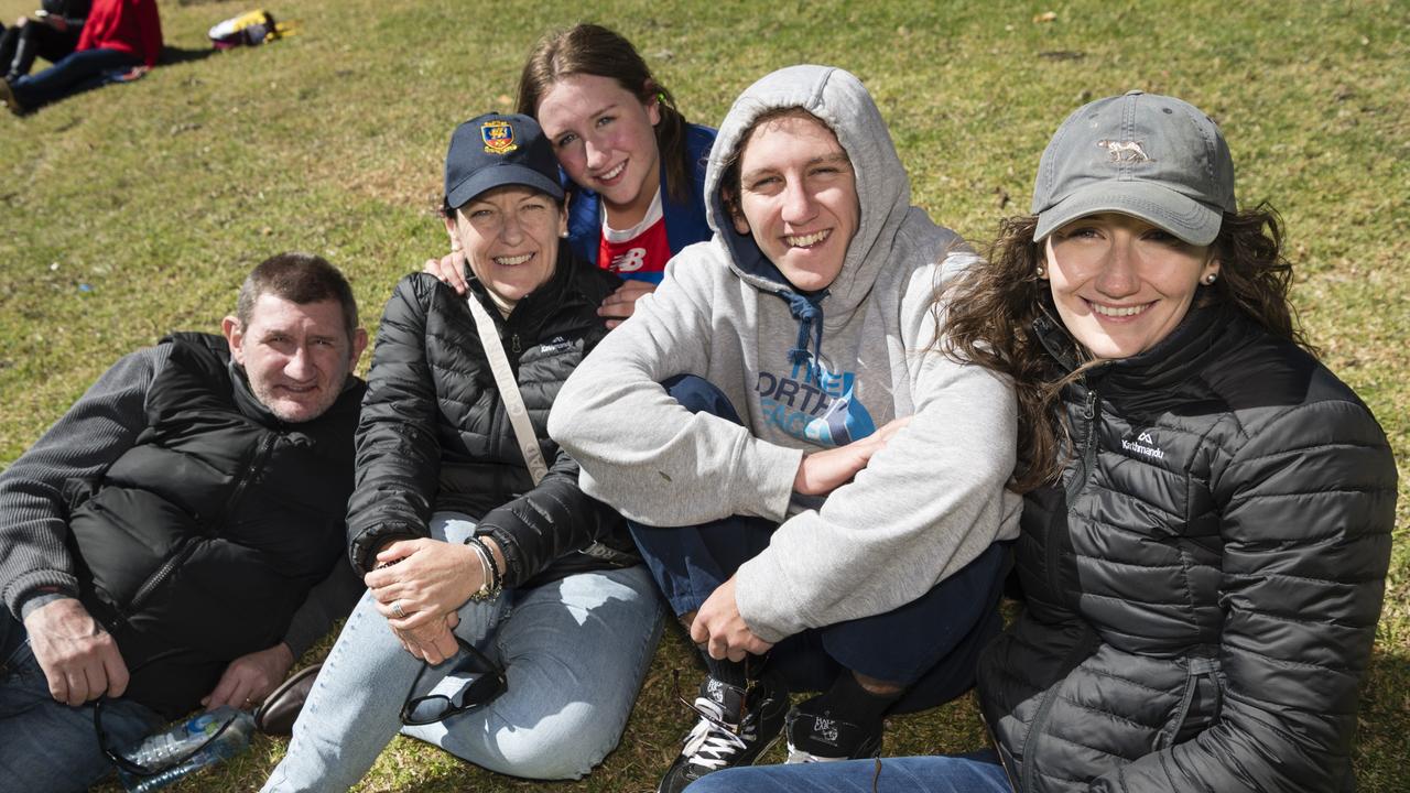 Downlands supporters (from left) Wayne, Kate, Gemma, Harry and Emily Rub on Grammar Downlands Day at Toowoomba Grammar School, Saturday, August 19, 2023. Picture: Kevin Farmer