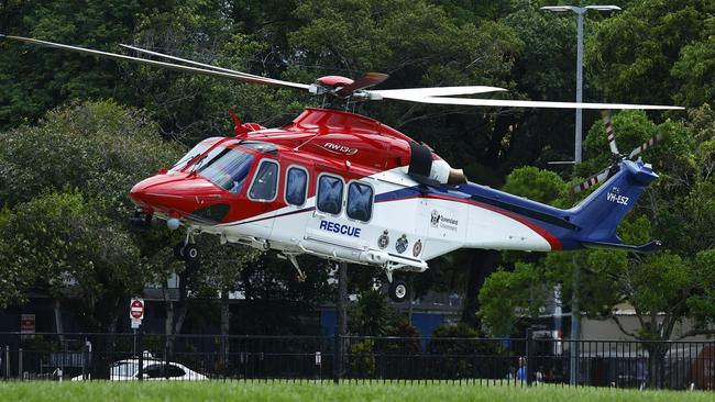 A QG Air Rescue 510 emergency helicopter departs the Cairns Hospital helipad after delivering the patient in a serious condition recently. Picture: Brendan Radke