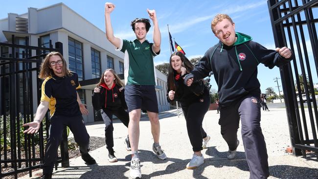 Geelong High students Hayden Walters, Tilli Tasic, Mikayla Kirkwood, Jack Stoneham and Hamish Watson celebrate the end of their English VCE. Picture: Alan Barber.