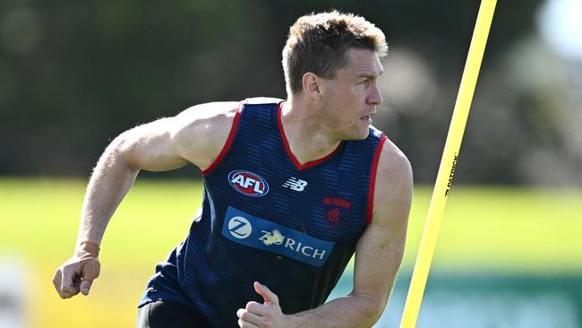Tom McDonald of the Demons warms u during a Melbourne Demons AFL training session at Casey Fields on September 04, 2023 in Melbourne, Australia. (Photo by Quinn Rooney/Getty Images)