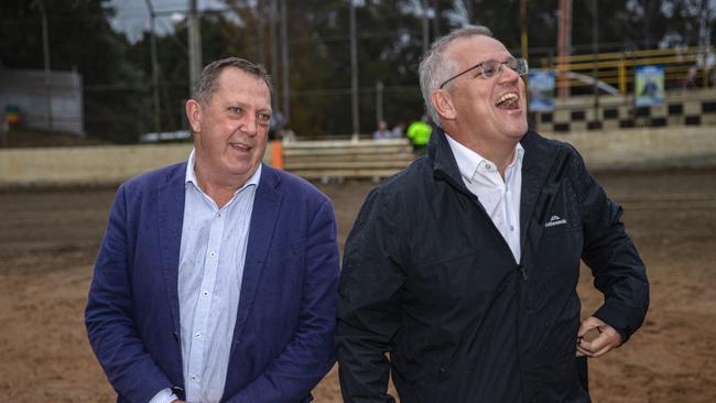 Prime Minister Scott Morrison, pictured with Braddon MP Gavin Pearce, and the Liberals have spent less than half of what Labor and Anthony Albanese forked out on Google and Facebook adverts. Picture: Jason Edwards