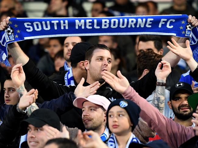 South Melbourne fans chant songs, during the FFA cup semi final match between South Melbourne FC and Sydney FC, played at Lakeside stadium in Melbourne, Wednesday, October 11, 2017. (AAP Image/Joe Castro) NO ARCHIVING, EDITORIAL USE ONLY