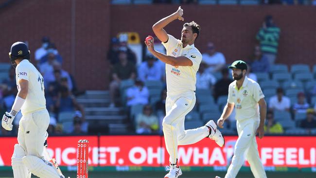 Australia's paceman Mitchell Starc bowls on the last day of the second Test between Australia and England at Adelaide Oval. Picture: William West/AFP