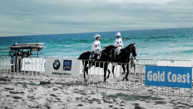 Magic Millions’ first barrier draw beach run at Surfers Paradise back in 2012 with top jockey Hugh Bowman and a man believed to be the late Tim Bell.