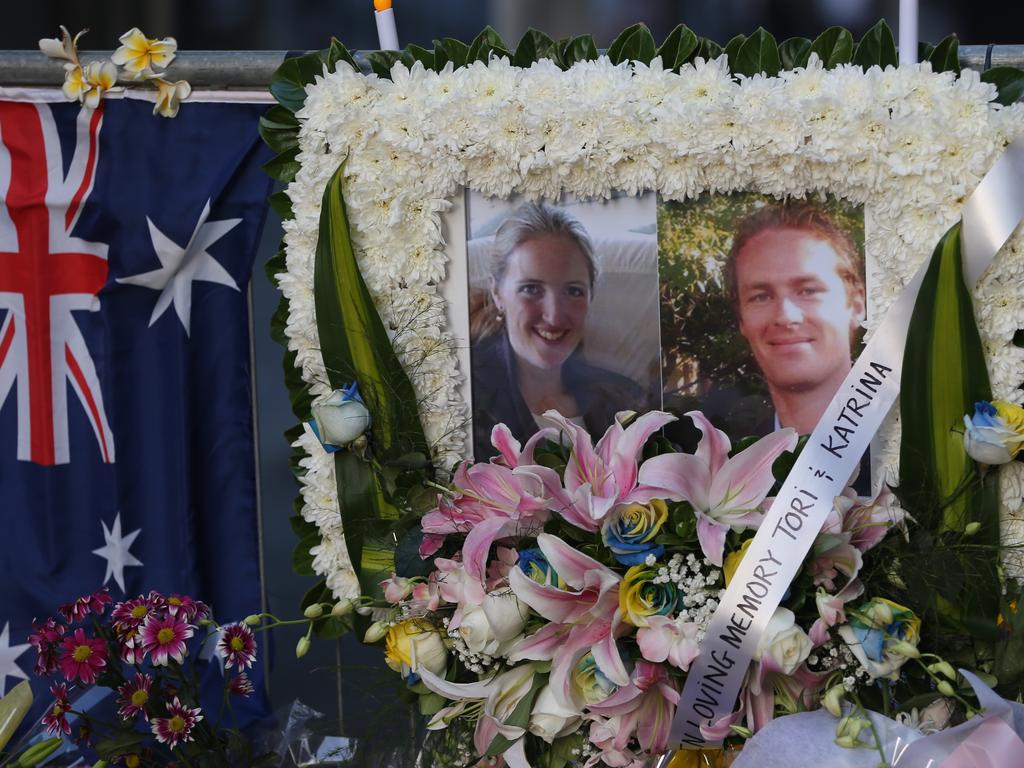 21. A memorial to the two hostages who never made it. One of the thousands of cards left in Martin Place said: “Rest in love - Tori Johnson and Katrina Dawson. You’ll never be forgotten.” Picture: John Grainger