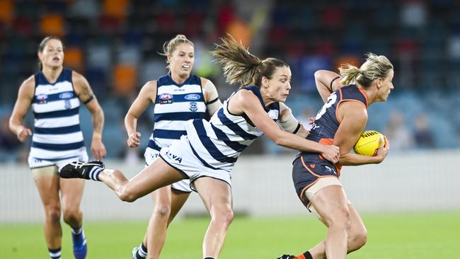 Cora Staunton of the Giants is tackled by Cat Madaleine McMahon. Pic: AAP 