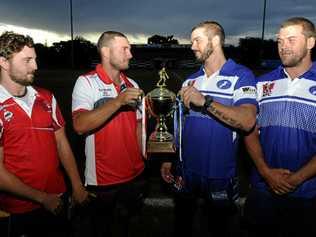 BROTHERS AT ARMS: South Grafton Rebels brothers Kieren and Cameron Stewart grapple for the Viv Hodge Memorial Trophy against GRafton Ghosts brothers Brett and Danny Wicks. Picture: Matthew Elkerton