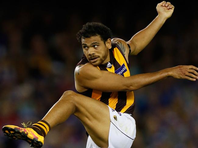 MELBOURNE, AUSTRALIA - APRIL 10: Cyril Rioli of the Hawks in action during the 2016 AFL Round 03 match between the Western Bulldogs and the Hawthorn Hawks at Etihad Stadium, Melbourne on April 10, 2016. (Photo by Michael Willson/AFL Media/Getty Images)