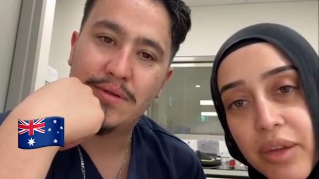 Bankstown Hospital nurses Rashad Nadir and Sarah Abu Lebdeh in the social media video in which they appeared to threaten Israeli people. Picture: NewsWire