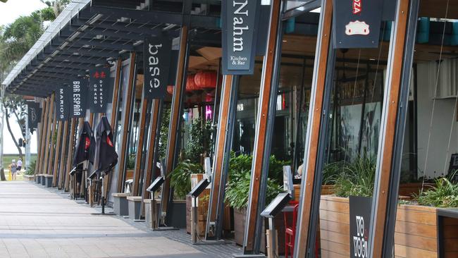 Businesses shut down in Broadbeach due to the new Coronavirus regulations. The streets were empty after midday. Picture Glenn Hampson