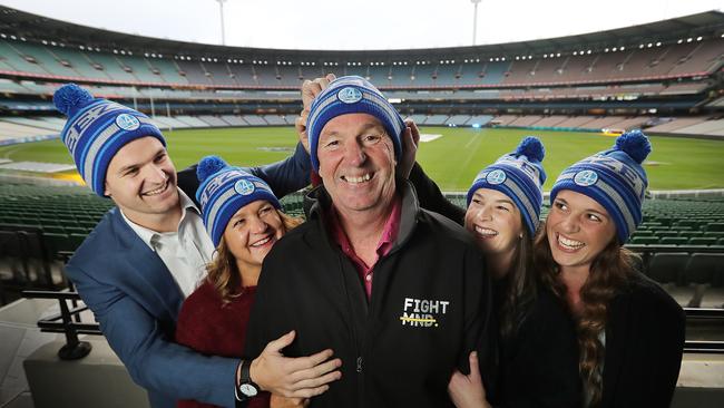 Neale Daniher pictured with his family, Ben, Jan, Lauren and Bec, for the launch of the Big Freeze and FightMND campaign at the MCG. Picture: Alex Coppel